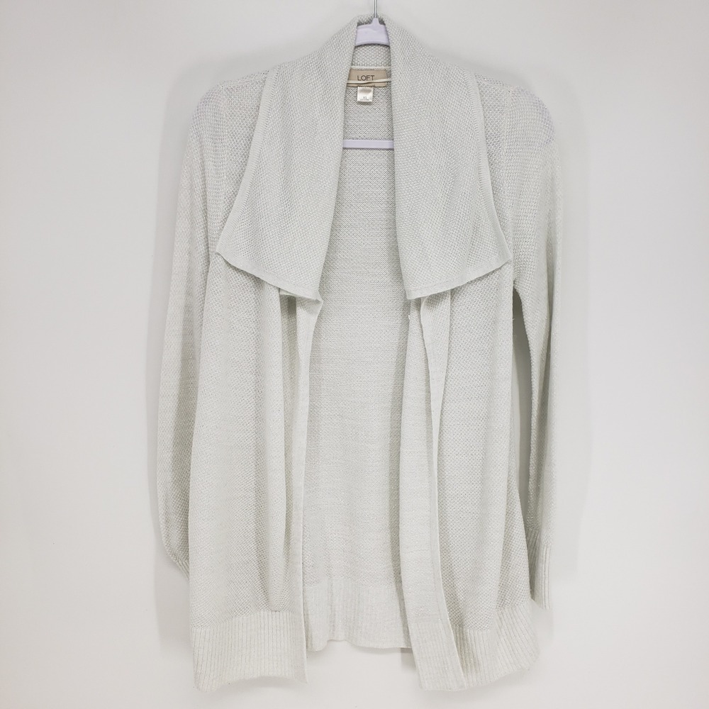 LOFT Metallic Open Front Waterfall Cardigan Sweater XS White Silver Shimmer Knit